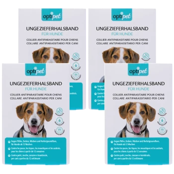 Vier Pakete von 'optipet' Floh- und Zeckenhalsbändern für Hunde, mit Text in Deutsch, Französisch und Italienisch, mit einer Hundillustration.