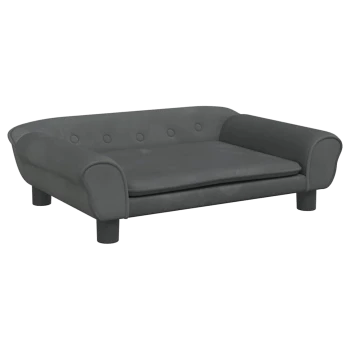 Graues Haustiersofa mit abgerundeten Armen und einem flachen Kissen, mit Knopfdetails auf der Rückenlehne.