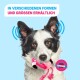 Schwarz-weißer Hund hält rosa Flamingo-Spielzeug; Text 'IN VERSCHIEDENEN FORMEN...' und 'MIT ULTRASCHALL-QUIETSCHER'