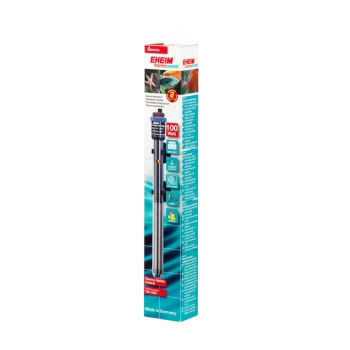 EHEIM Thermo Control Aquariumheizer, 100 Watt, in der Verpackung mit Sicherheitsmerkmalen und Gebrauchsanweisungen angezeigt.