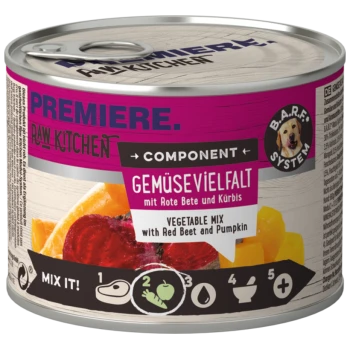 Dose mit Haustierfutter, beschriftet mit "Premiere Raw Kitchen," mit einer Gemüsemischung aus roter Beete und Kürbis, einschließlich Anweisungen zum Mischen.