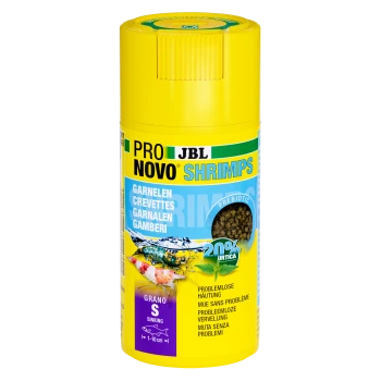 Żółty cylindryczny pojemnik JBL Pro Novo Shrimps z pokarmem dla ryb, z prebiotyczną formułą, 20% pokrzywy i etykietą "Sinking".