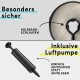 Hundehalsband mit "Besonders sicher" Schlaufen-Design und enthaltene Luftpumpe beschriftet mit "Inklusive Luftpumpe" für einfache Inflation.