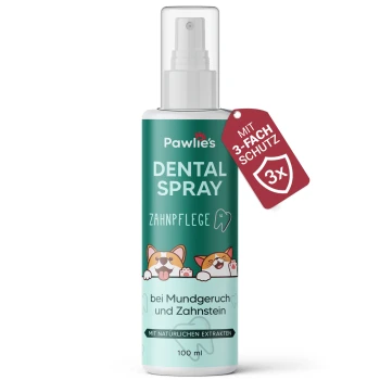 Pawlie's Dental Spray für Haustiere, 100 ml Flasche, mit verspielten Hundillustrationen und Text, der Vorteile gegen schlechten Atem und Zahnstein hervorhebt.