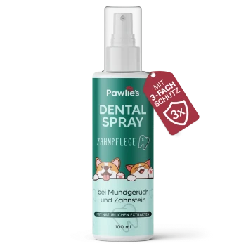 Pawlie's Dental Spray für Haustiere, 100 ml Flasche, mit verspielten Hundillustrationen und Text, der Vorteile gegen schlechten Atem und Zahnstein hervorhebt.