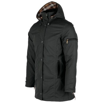 Schwarze Kapuzen-Haustierjacke mit kariertem Futter, vorderen Druckknöpfen und Reißverschlusstaschen an Seite und Ärmel.