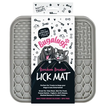 Bugalugs Boredom Breaker Leckmatte für Hunde und Katzen, graues Silikon mit strukturierten Oberflächen, BPA-frei, lebensmittelecht.