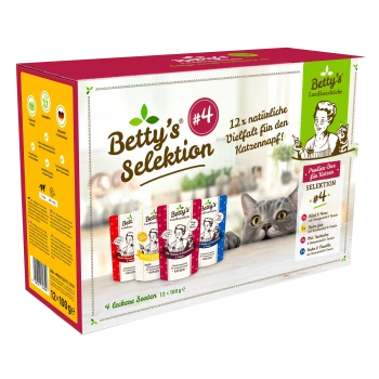Betty's Selektion #4 Katzenfutterbox mit 12 x 100g Beuteln in vier Geschmacksrichtungen, mit einer neugierigen Katze, die von der Seite schaut.