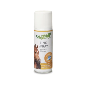 Stiefel Zink Spray für Pferde, mit einem Pferdebild, beschriftet als "Hautschutz-Salben Spray" mit einem Zinksymbol und Pflegehinweisen.