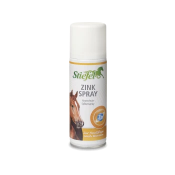 Stiefel Zink Spray für Pferde, mit einem Pferdebild, beschriftet als "Hautschutz-Salben Spray" mit einem Zinksymbol und Pflegehinweisen.
