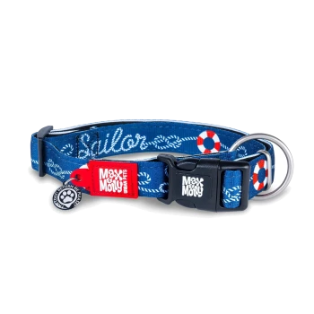 Blaues Haustierhalsband mit Matrosenseil- und Rettungsring-Design, schwarzer Schnalle, Metallring und Max & Molly Markenanhängern.
