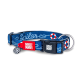 Blaues Haustierhalsband mit Matrosenseil- und Rettungsring-Design, schwarzer Schnalle, Metallring und Max & Molly Markenanhängern.
