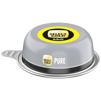Nourriture humide Select Gold Adult Pure pour chien dans un plateau en aluminium gris scellé avec logo jaune et noir.