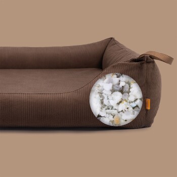 Braunes Corduroy-Haustierbett mit Nahaufnahme-Einblendung, die das weiche Füllmaterial im Inneren zeigt.