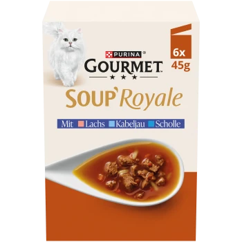 Purina Gourmet Soup'Royale Katzenfutter 6×45 g, weiße Katze, Löffel mit stückiger Suppe, Text: 'Mit Lachs, Kabeljau, Scholle'