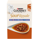 Purina Gourmet Soup'Royale Katzenfutter 6×45 g, weiße Katze, Löffel mit stückiger Suppe, Text: 'Mit Lachs, Kabeljau, Scholle'