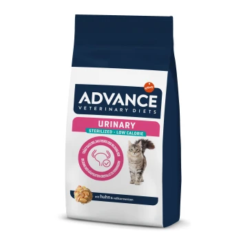 Eine Tüte Advance Veterinary Diets Urinary Katzenfutter, beschriftet 'Sterilisiert - Kalorienarm', mit einer grauen Katze und einer Grafik einer Blase.
