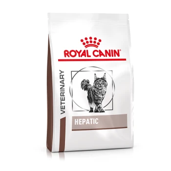 Sac de nourriture pour chats Royal Canin Veterinary Hepatic présentant une illustration de chat tigré gris, avec le logo "ROYAL CANIN" affiché en évidence.