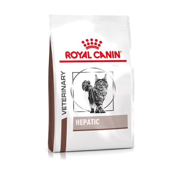 Royal Canin Veterinary Hepatic kattenvoer zak met een illustratie van een grijze tabby kat, met het 'ROYAL CANIN' logo prominent weergegeven.
