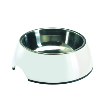Bol de nourriture pour animaux en acier inoxydable avec une base en plastique blanc et un fond en caoutchouc antidérapant, conçu pour les chiens ou les chats.