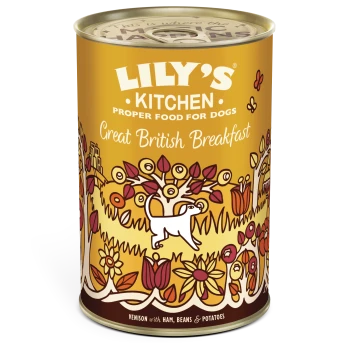 Boîte de nourriture pour chiens LILY'S KITCHEN étiquetée «Great British Breakfast» avec illustration de chien ; indique «Alimentation de qualité pour chiens».