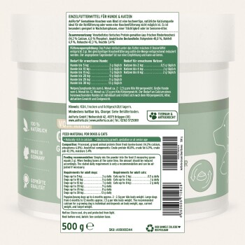 Natürlicher Haustierzusatz für Hunde und Katzen, 500g Behälter, mit Fütterungshinweisen und Nährwertinformationen, hergestellt in Deutschland.