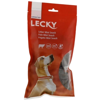 Roter LECKY Hundesnack‑Beutel mit Hundebild, Sichtfenster mit Leckerlis, Text „Leber Mini Snack“ und „100% natürlich“.