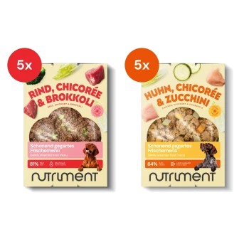 Fünferpack Nutroment Hundefutterboxen, Rind mit Chicorée & Brokkoli und Huhn mit Chicorée & Zucchini Geschmacksrichtungen.