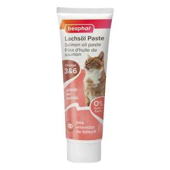 Pâte d'huile de saumon Beaphar pour chats, avec une image de chat, revendiquant des Oméga 3 & 6, 0% de sucre ajouté, et soutient la vue avec du DHA.