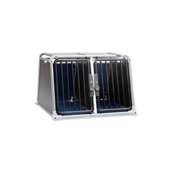 Transportbox EcoLine twentytwo Eine zweigeteilte Haustierbox mit einem stabilen Metallrahmen, mit schwarzen Stäben und einem blauen Innenraum, entworfen für den sicheren Transport von Haustieren.