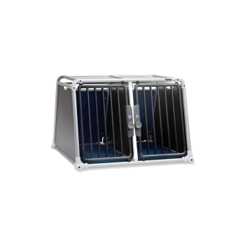 Eine zweigeteilte Haustierbox mit einem stabilen Metallrahmen, mit schwarzen Stäben und einem blauen Innenraum, entworfen für den sicheren Transport von Haustieren.