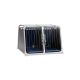 Eine zweigeteilte Haustierbox mit einem stabilen Metallrahmen, mit schwarzen Stäben und einem blauen Innenraum, entworfen für den sicheren Transport von Haustieren.