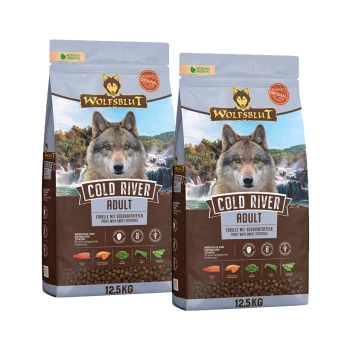 Deux sacs de 12,5 kg de nourriture pour chien adulte Wolfsblut Cold River avec truite et patates douces, image de loup sur l'emballage.