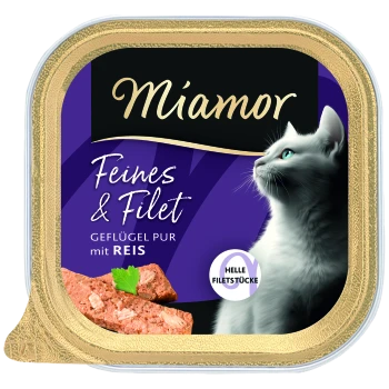 Miamor Katzenfutter-Schale, weiße Katze auf lila Etikett mit Aufschrift 'Feines & Filet', 'Geflügel pur mit Reis', zeigt Fleischstücke.