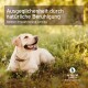 Ein glücklicher gelber Labrador Retriever, der auf grünem Gras liegt, mit Textüberlagerung in Deutsch und Englisch über natürliche Beruhigung und Zutaten.