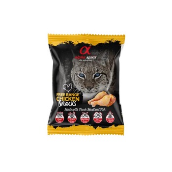 Alpha Spirit 'Free Range Chicken Snacks' Tüte mit Wildkatzen-Gesicht, Hühnerstück und Text 'Hergestellt mit frischem Fleisch und Fisch'