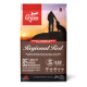 Un sac de nourriture pour chiens Orijen Regional Red avec un arrière-plan de coucher de soleil, mettant en avant un texte sur la nutrition et les ingrédients. Poids net : 11,4 kg (25 lb).