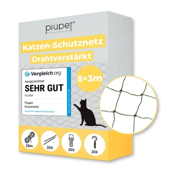 Katzen-Schutznetz von Piupet, 8x3m, mit einem starken Drahtgewebe-Design, mit einer schwarzen Katzensilhouette und der Bewertung "SEHR GUT".