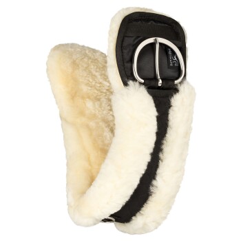 Ein weicher, flauschiger Pferdehalfter mit einer schwarzen Außenschicht und einem cremefarbenen Fleece-Futter, mit einer silbernen Schnalle und dem Markennamen "EQUINATE."