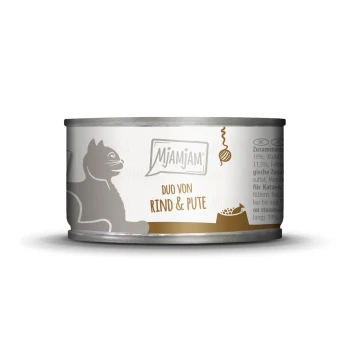 Blik kattenvoer gelabeld 'Mjamjam Duo von Rind & Pute', met een silhouet van een kat en speelse designelementen.