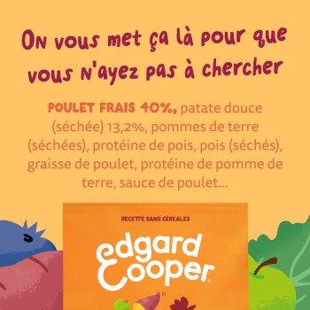 Oranje Edgard Cooper huisdiervoerzak met 'edgard cooper' logo; Franse tekst vermeldt 'POULET FRAIS 40%, patate douce 13,2%'