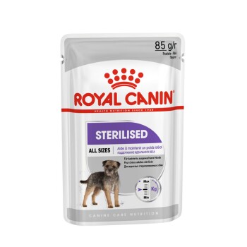 Royal Canin Sterilised Hundefutterbeutel, 85g, mit einer Hundillustration und Text über die Aufrechterhaltung des idealen Gewichts für alle Größen.