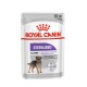 Royal Canin Sterilised Hundefutterbeutel, 85g, mit einer Hundillustration und Text über die Aufrechterhaltung des idealen Gewichts für alle Größen.