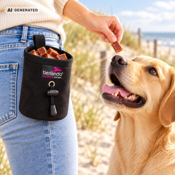 Nahaufnahme eines Hundebettgurts mit dem 'tierlando'-Logo, mit einem schwarzen Toggle- und Kordelverschlussmechanismus.
