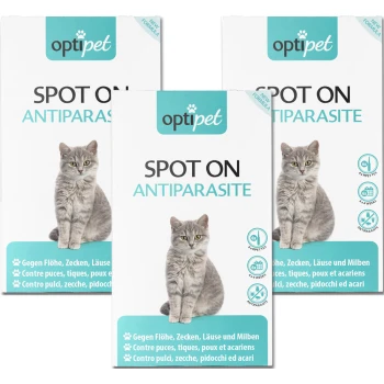 Drei Packungen "OptiPet Spot On Antiparasite" für Katzen, die eine graue Katze und mehrsprachige Gebrauchsanweisungen für Flöhe, Zecken und Läuse zeigen.