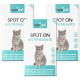Drei Packungen "OptiPet Spot On Antiparasite" für Katzen, die eine graue Katze und mehrsprachige Gebrauchsanweisungen für Flöhe, Zecken und Läuse zeigen.