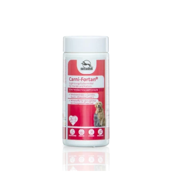 Carni-Fortan Ergänzung für Hunde und Katzen, mit L-Carnitin, Taurin und den Vitaminen E und C, empfohlen von Tierärzten.