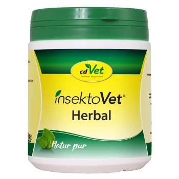 Ein weißer Behälter mit grünem Deckel, beschriftet mit "insektoVet Herbal" von cdVet, vor einem gelben Hintergrund mit einem grünen Blattgrafik.