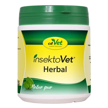 Ein weißer Behälter mit grünem Deckel, beschriftet mit "insektoVet Herbal" von cdVet, vor einem gelben Hintergrund mit einem grünen Blattgrafik.