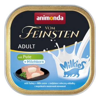 Animonda Vom Feinsten Adult Tiernahrung Dose, mit Truthahn und Milchfüllung, mit einer visuellen Darstellung des Produkts und dem "Milkies"-Logo.